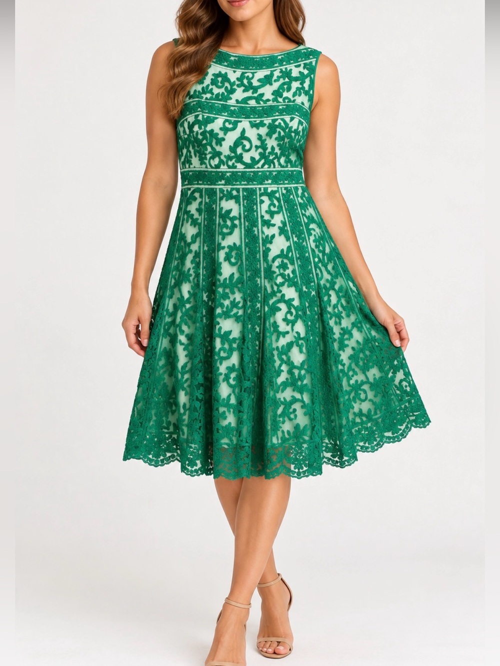 Tadashi Shoji Green Embroidered Lace Fit & Flare Dress 14